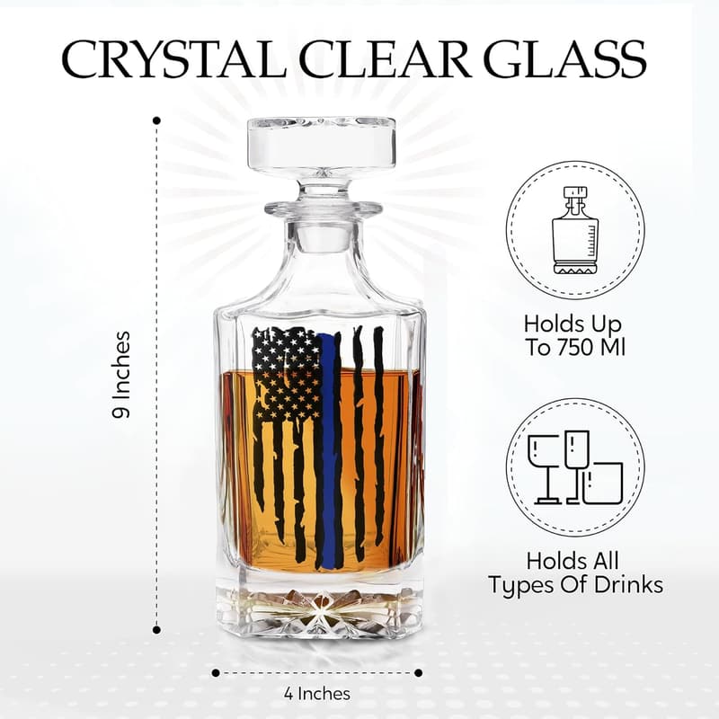 Father's Day Custom Whiskey Decanter for Men - Tactical Blue Line Flag