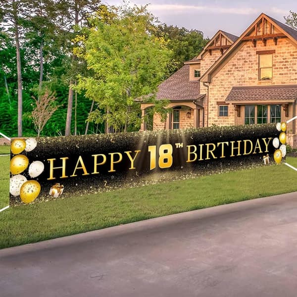 Happy 18th Birthday Black & Gold Reusable Banner Decor