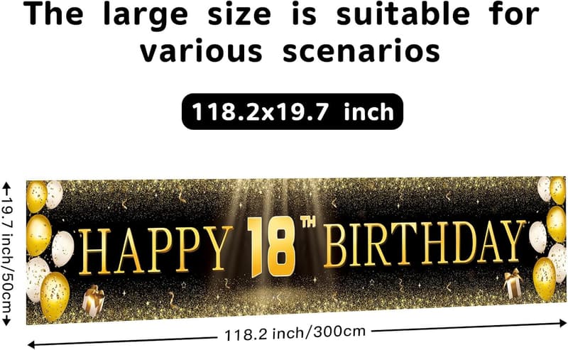 Happy 18th Birthday Black & Gold Reusable Banner Decor
