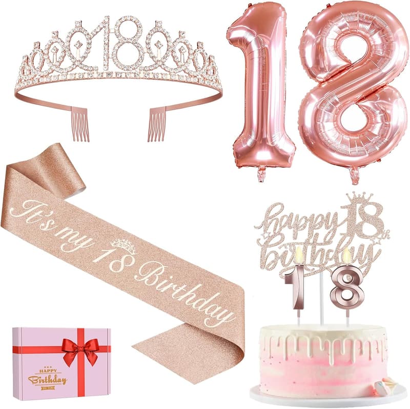 18th Birthday Decorations Set for Girls - Sash, Tiara, Balloons