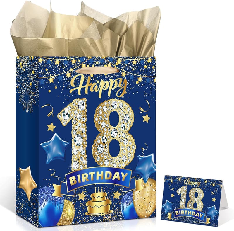 18th Birthday Gift Bag - Large Navy Blue Wrap with Card & Tissue