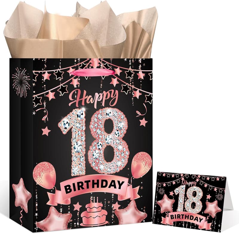 18th Birthday Gift Bag with Card & Tissue for Girls - Rose Gold