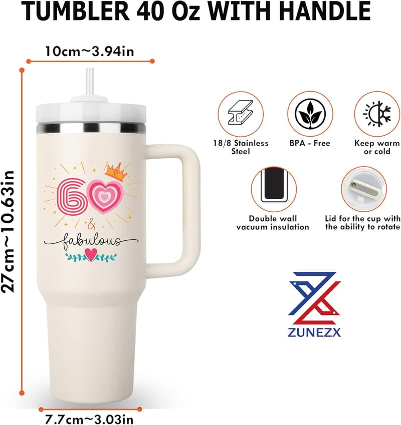 60th Birthday Tumbler Gift for Women - 40oz
