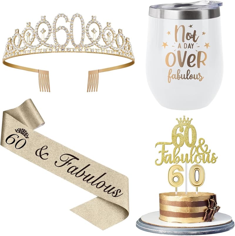 60th Birthday Tumbler Set with Crown, Cake Topper & Sash