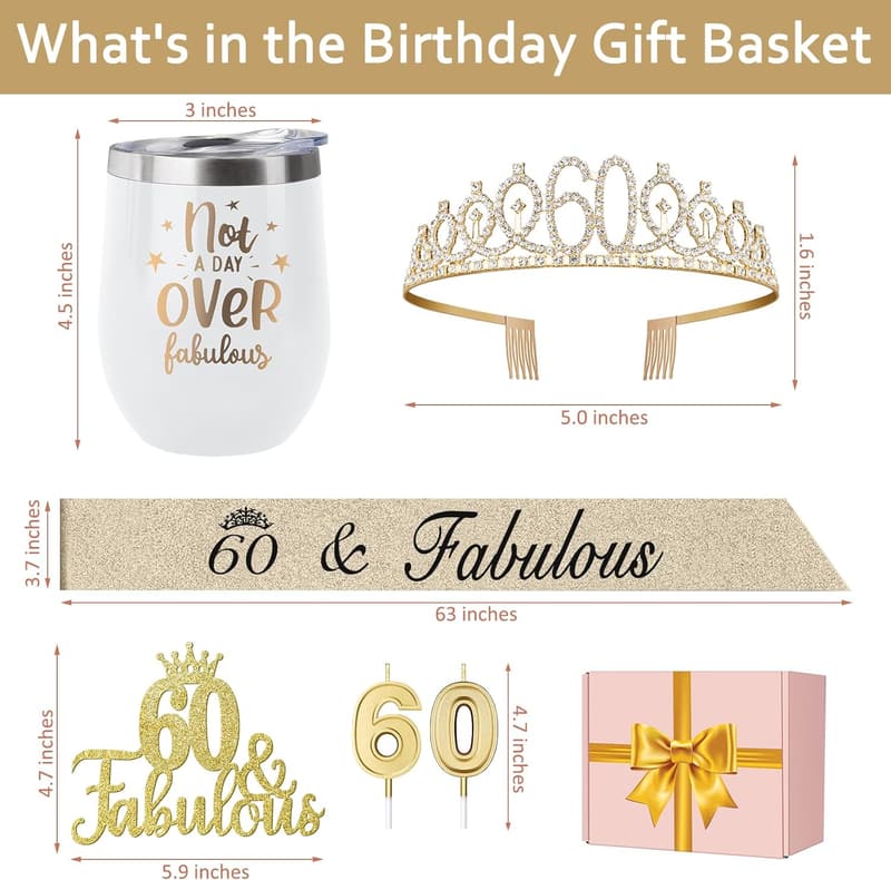 60th Birthday Tumbler Set with Crown, Cake Topper & Sash