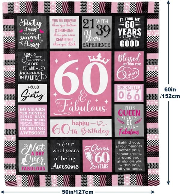 60th Birthday Throw Blanket for Women, 60”x50”