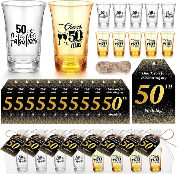 50th Anniversary Shot Glass Party Favors with Tags & Bags