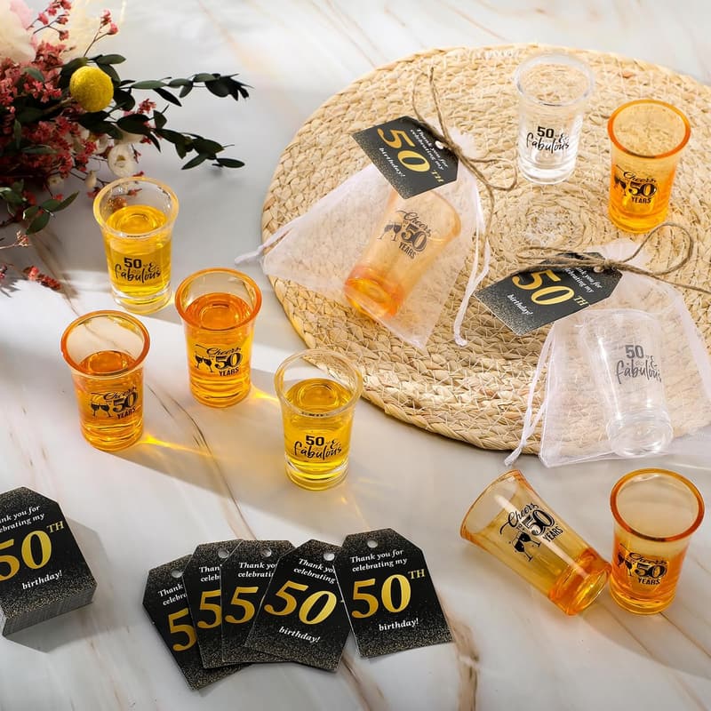 50th Anniversary Shot Glass Party Favors with Tags & Bags