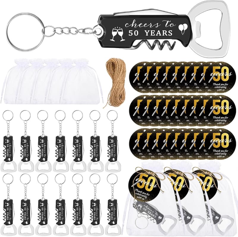 50th Birthday Party Favor Set: Bottle Opener Keychains & Gift Bags