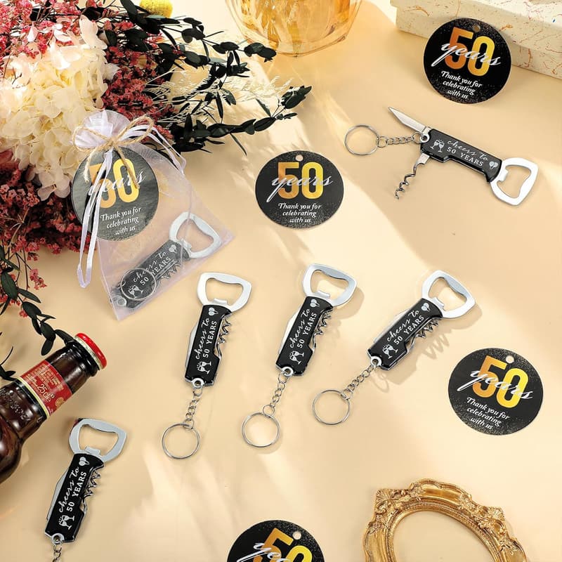 50th Birthday Party Favor Set: Bottle Opener Keychains & Gift Bags