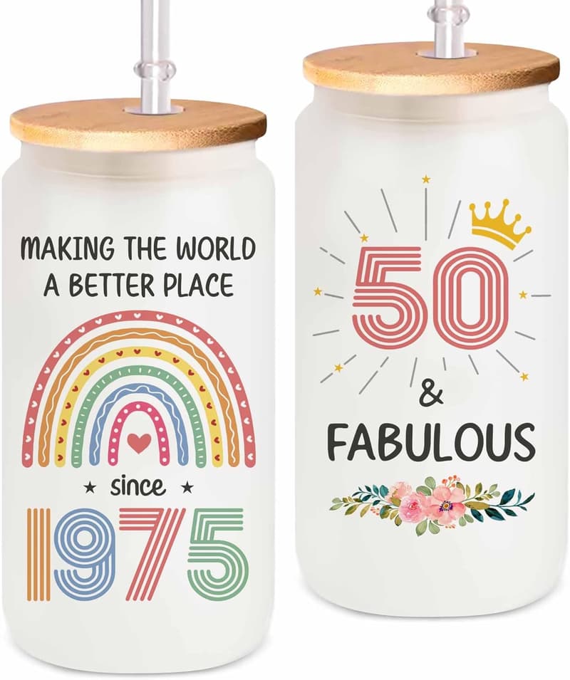 50th Birthday Coffee Glass with Bamboo Lid & Straw for Women