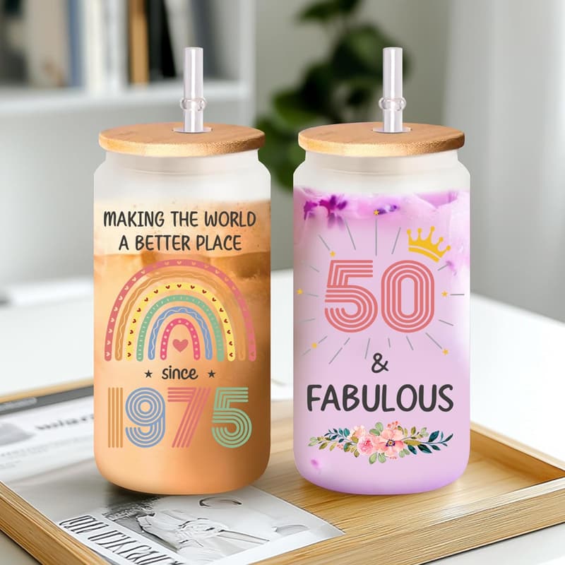 50th Birthday Coffee Glass with Bamboo Lid & Straw for Women
