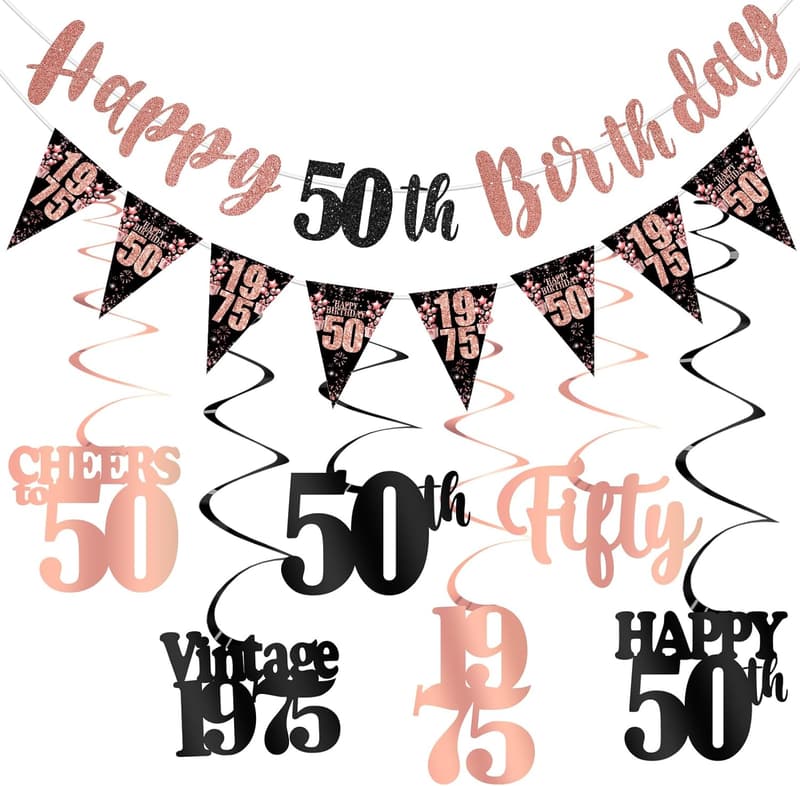 50th Birthday Black Rose Gold Banner & Swirls Decoration