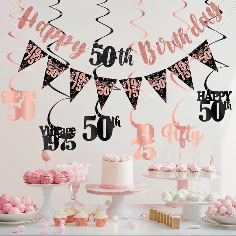50th Birthday Black Rose Gold Banner & Swirls Decoration