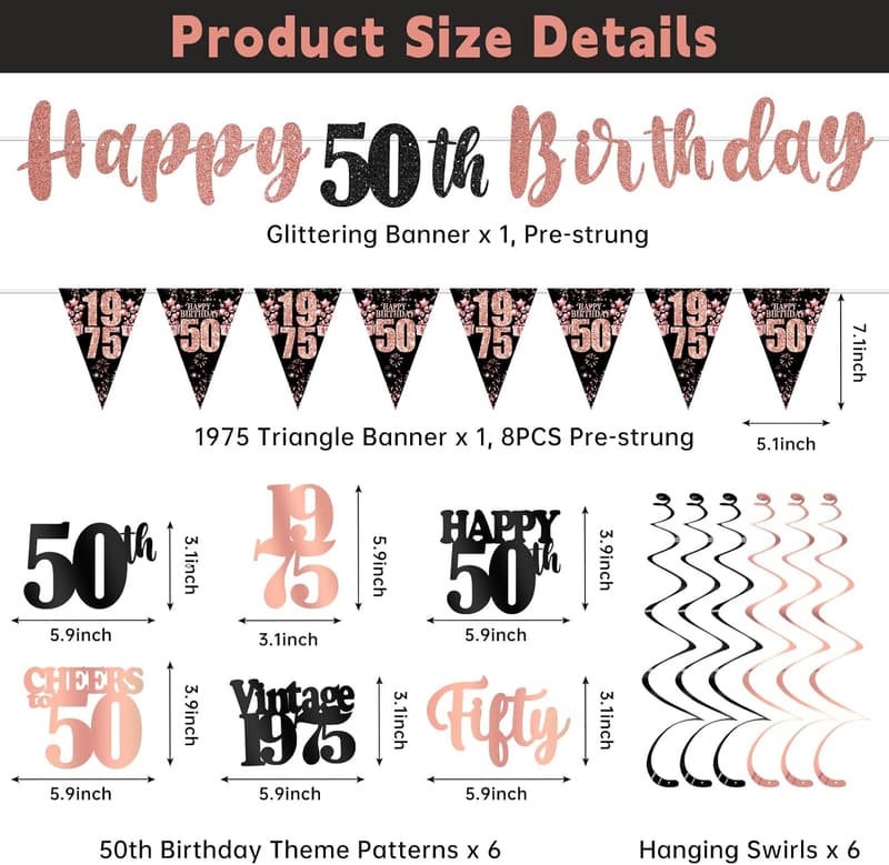 50th Birthday Black Rose Gold Banner & Swirls Decoration
