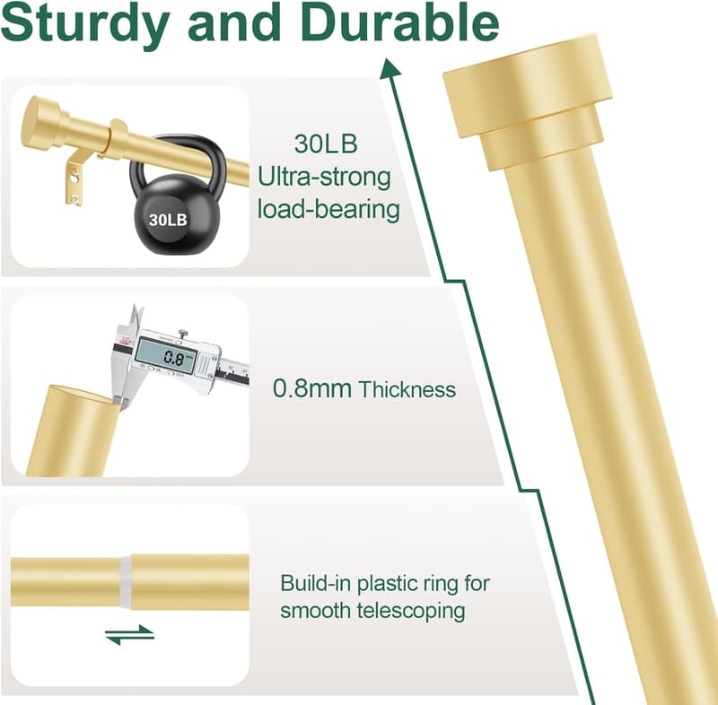 Gold Adjustable Curtain Rods 48-84 Inch, Heavy Duty, Modern Design