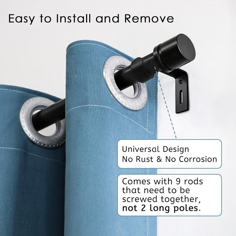 Adjustable Black Curtain Rod with Aluminium Finials, 16-144 Inches