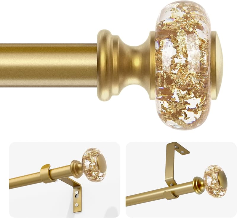 Adjustable Gold Curtain Rod with Translucent Finials, 32-72 Inch