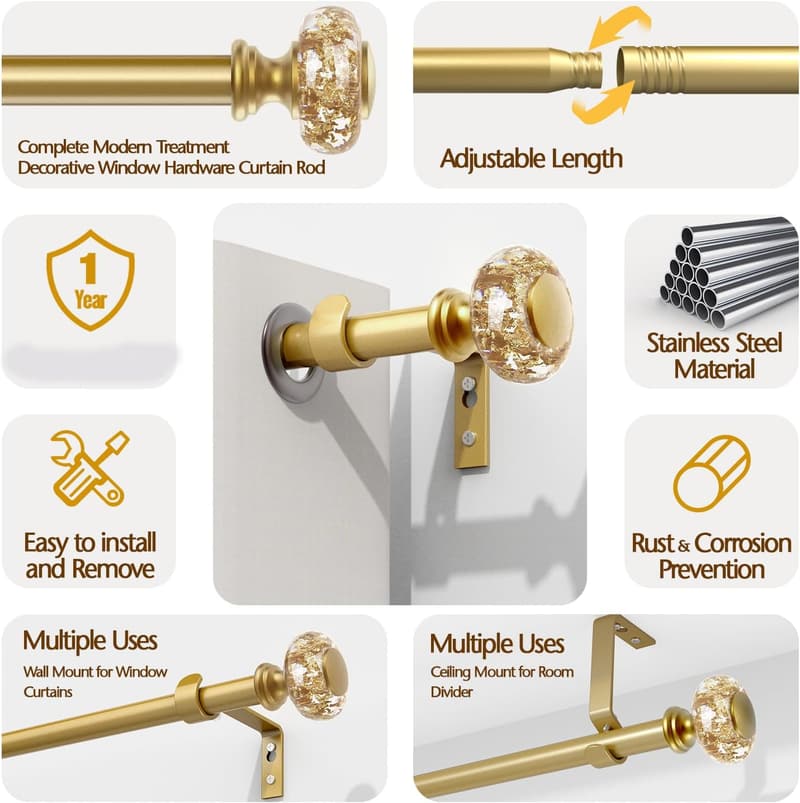 Adjustable Gold Curtain Rod with Translucent Finials, 32-72 Inch