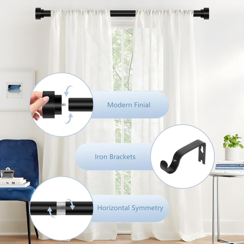 Black Adjustable Curtain Rods, 48-84 Inch, Heavy Duty Iron