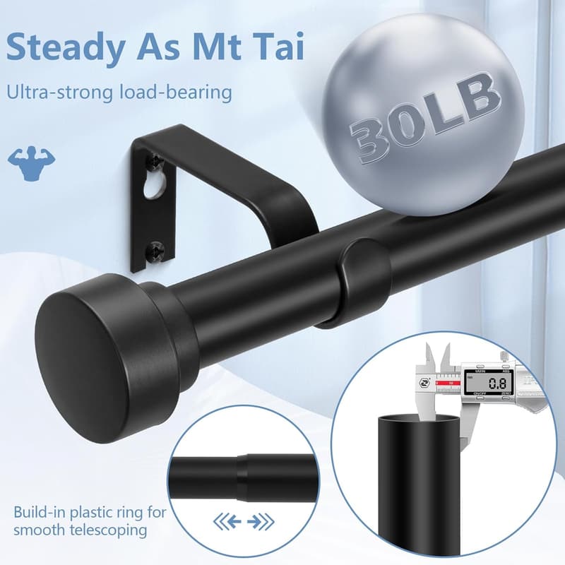 Black Adjustable Curtain Rods, 48-84 Inch, Heavy Duty Iron