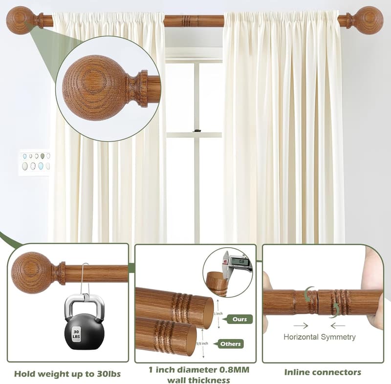 Rustic Brown Wood Grain Adjustable Curtain Rods, 36-88