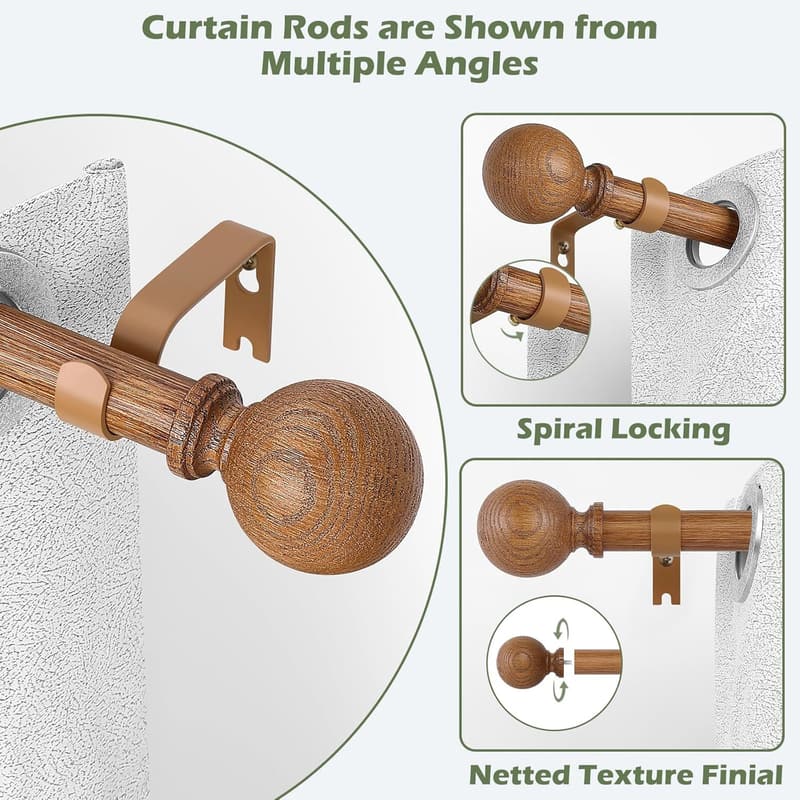 Rustic Brown Wood Grain Adjustable Curtain Rods, 36-88