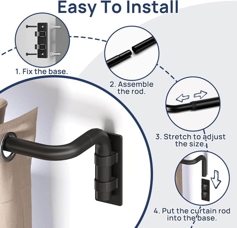 Adjustable Matte Black Wrap Around Curtain Rod for Windows 66-120