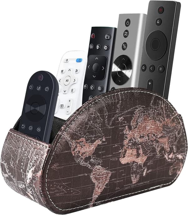 World Map Black PU Leather Remote Control Holder & Organizer