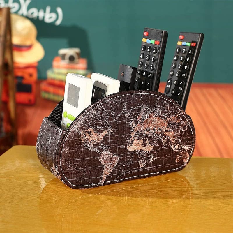 World Map Black PU Leather Remote Control Holder & Organizer