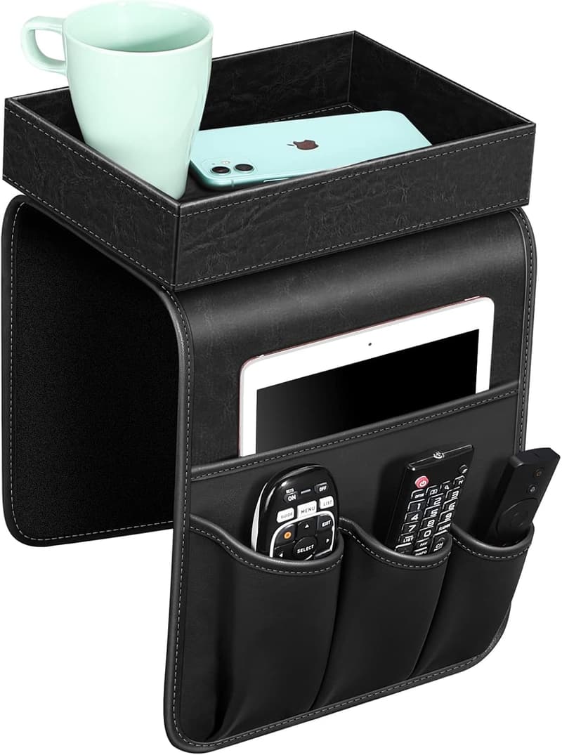 PU Leather Sofa Armrest Organizer with Detachable Tray - Black