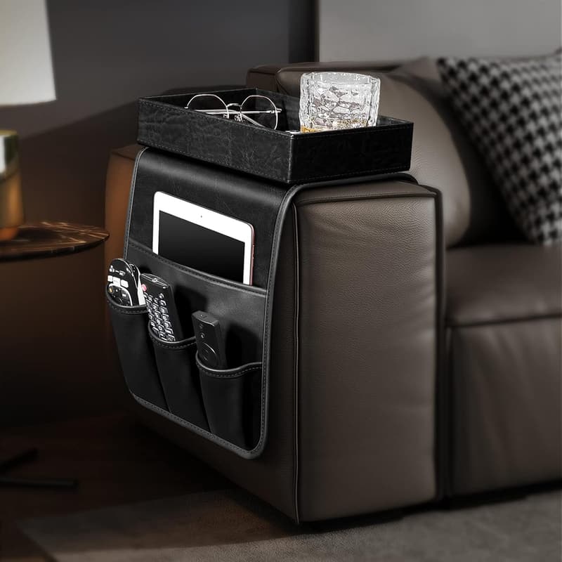 PU Leather Sofa Armrest Organizer with Detachable Tray - Black