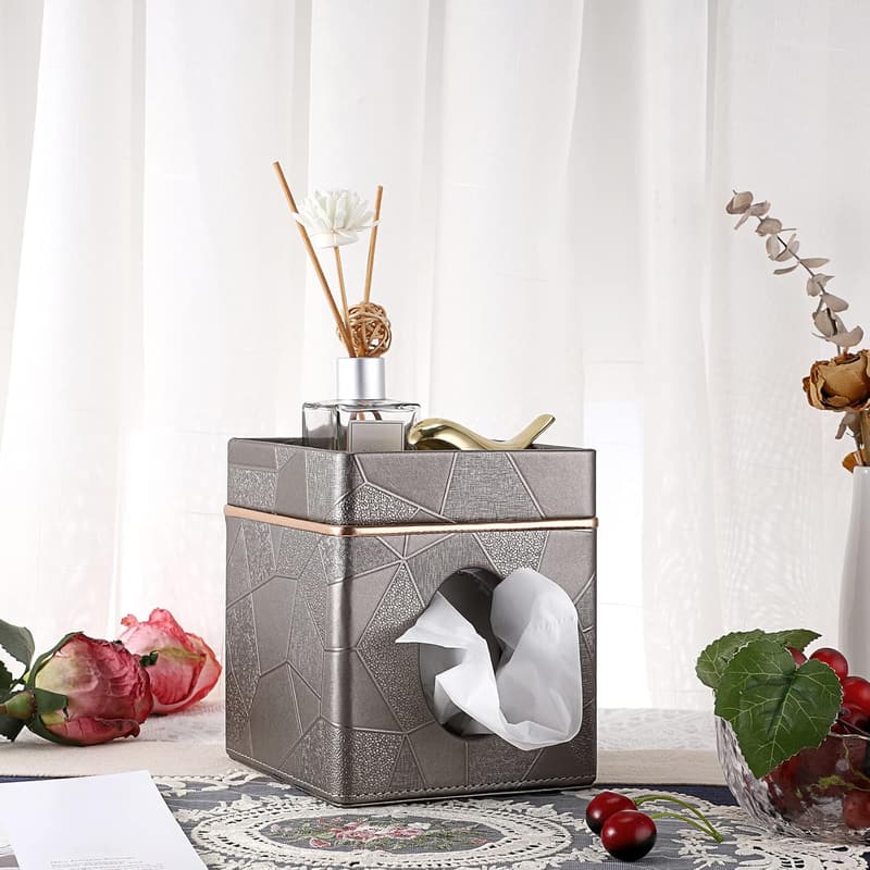 Decorative Dark Grey Leather Tissue Box Holder for Home & Office
