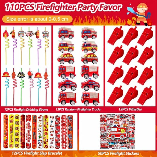 Firefighter Birthday Party Favors Set - 110 Pcs with Stickers & Bracelets