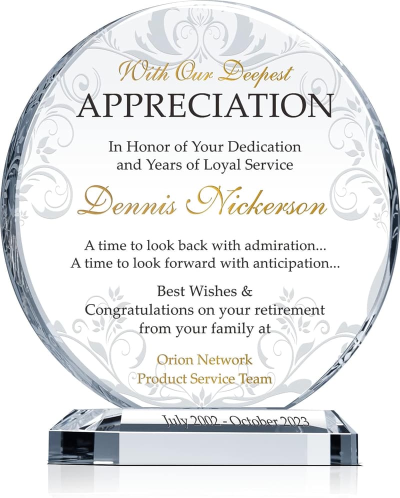 Personalized Crystal Retirement Plaque for Colleagues