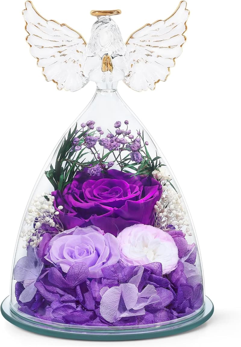 Eternal Purple Rose in Glass Angel Figurine – Birthday Gift for Women