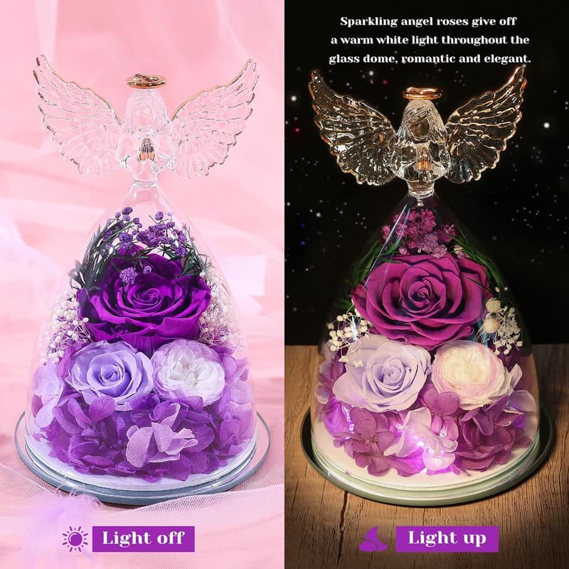 Eternal Purple Rose in Glass Angel Figurine – Birthday Gift for Women