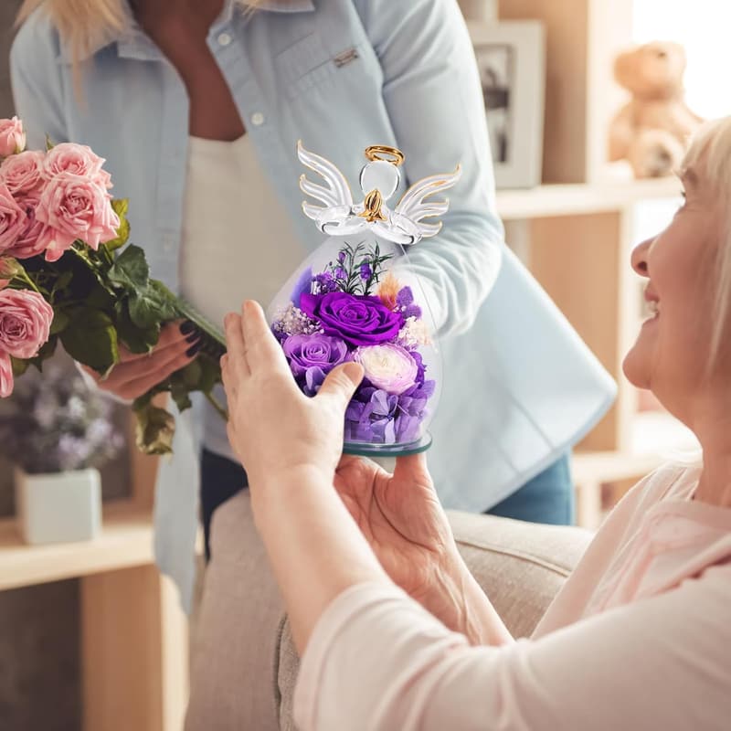 Forever Rose in Glass for Women - Birthday Gift with Angel Figurine
