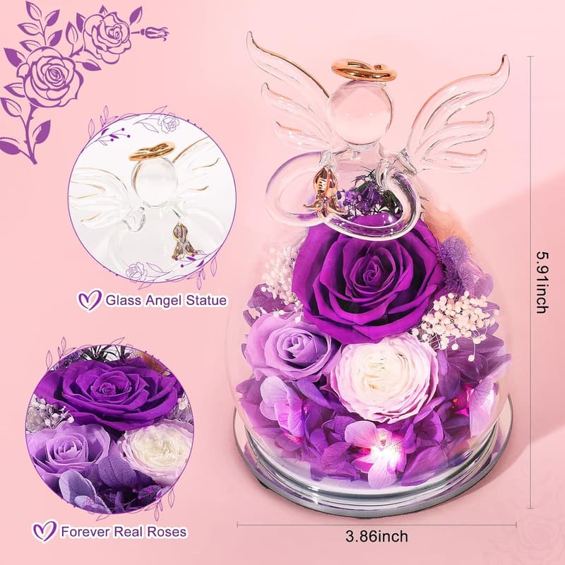 Forever Rose in Glass for Women - Birthday Gift with Angel Figurine