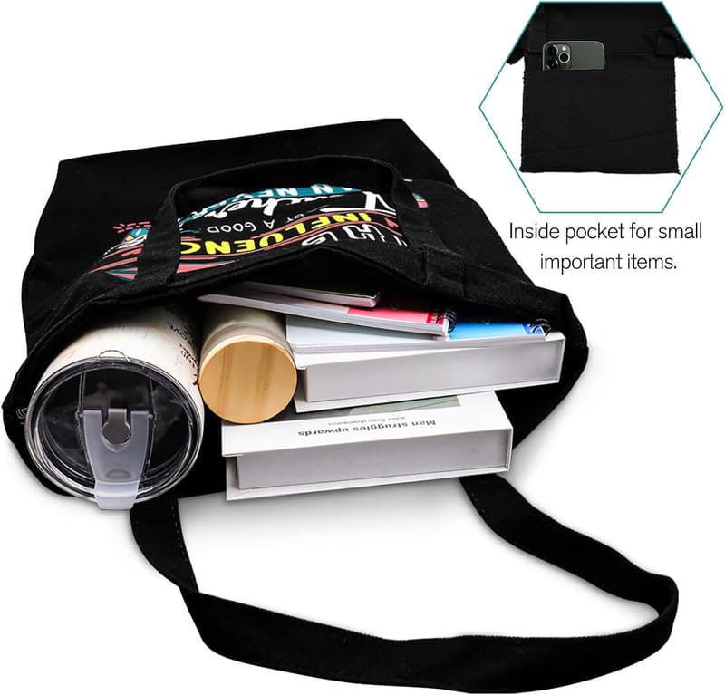 Teacher Appreciation Canvas Tote Bag with Inner Pocket - Black