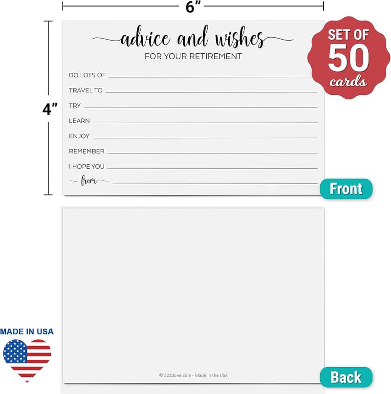 Retirement Party Advice Cards - Set of 50, Fun Activity, Made in USA
