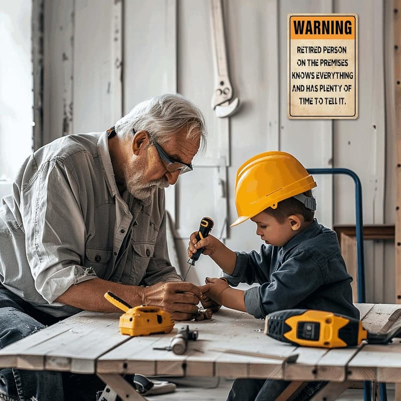 Retirement Party Metal Tin Sign - 'Warning: Knows Everything' 8x12 Inch