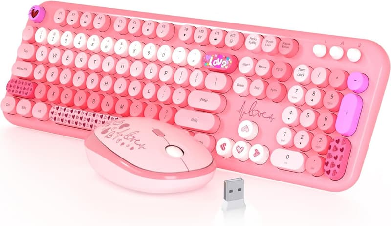 Cute Retro Wireless Keyboard & Mouse Set for PC/Mac - Pink