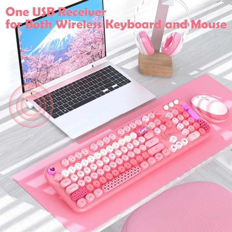 Cute Retro Wireless Keyboard & Mouse Set for PC/Mac - Pink
