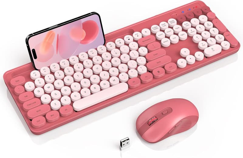 Retro Wireless Keyboard & Mouse Combo with Phone Holder - Pink