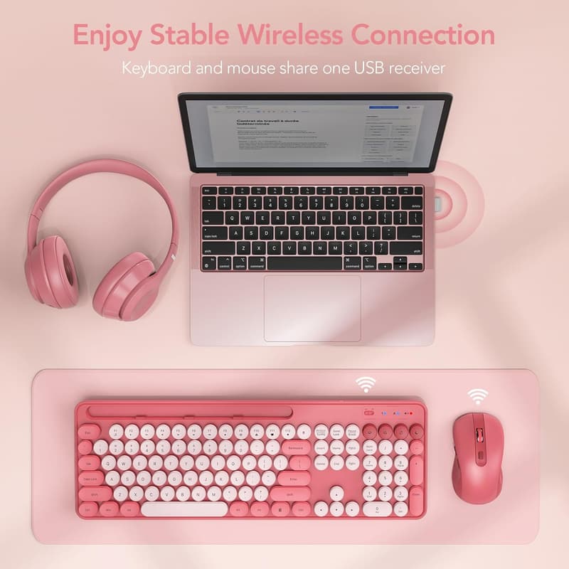 Retro Wireless Keyboard & Mouse Combo with Phone Holder - Pink
