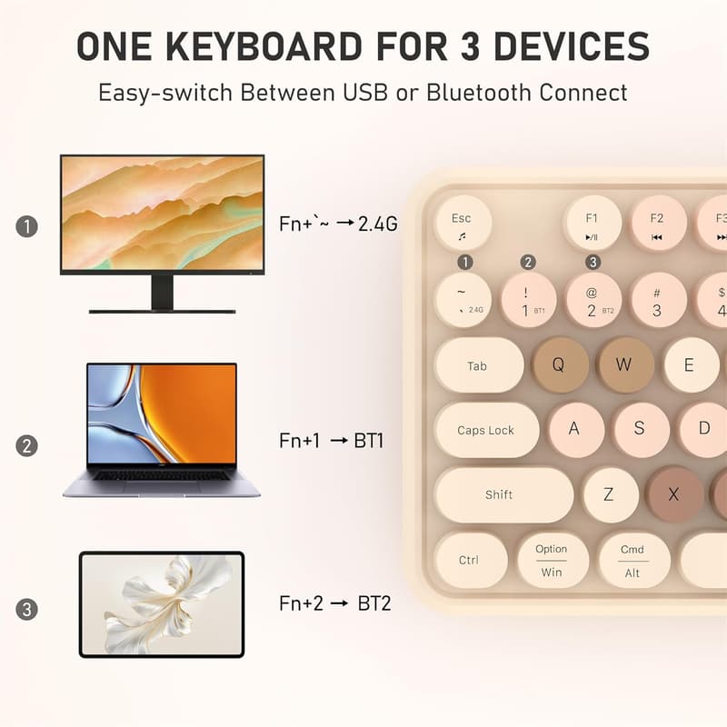 Colorful Retro Wireless Bluetooth Keyboard for Multi-Device Use