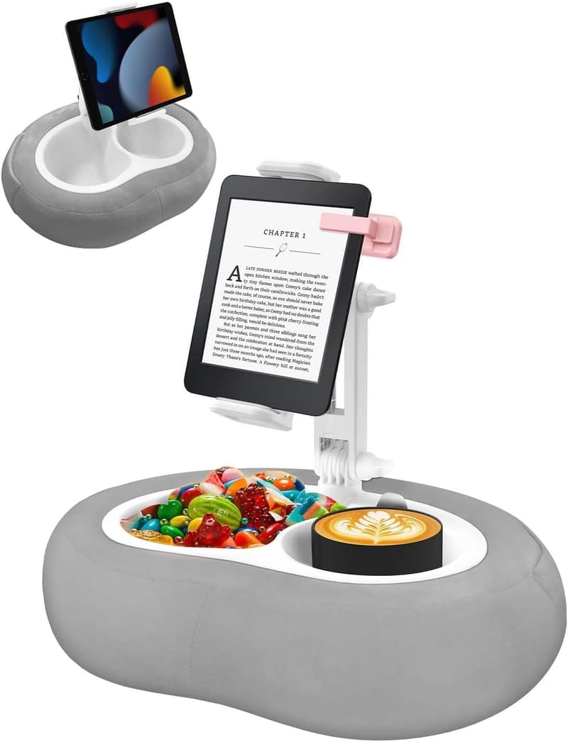 Tablet Pillow Stand with 360° Rotating Holder, Gray Plush Fabric
