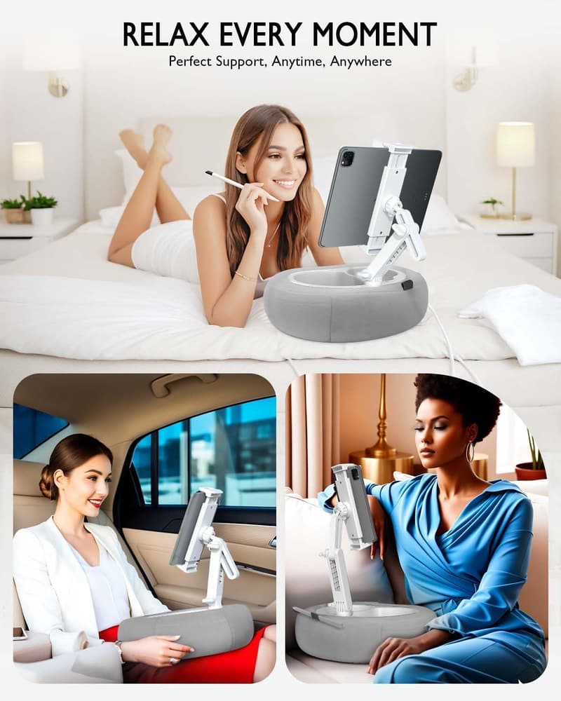 Tablet Pillow Stand with 360° Rotating Holder, Gray Plush Fabric