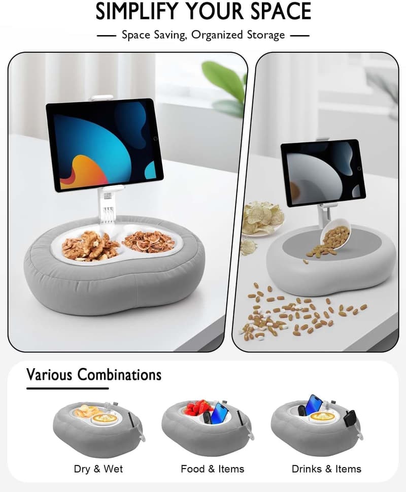Tablet Pillow Stand with 360° Rotating Holder, Gray Plush Fabric